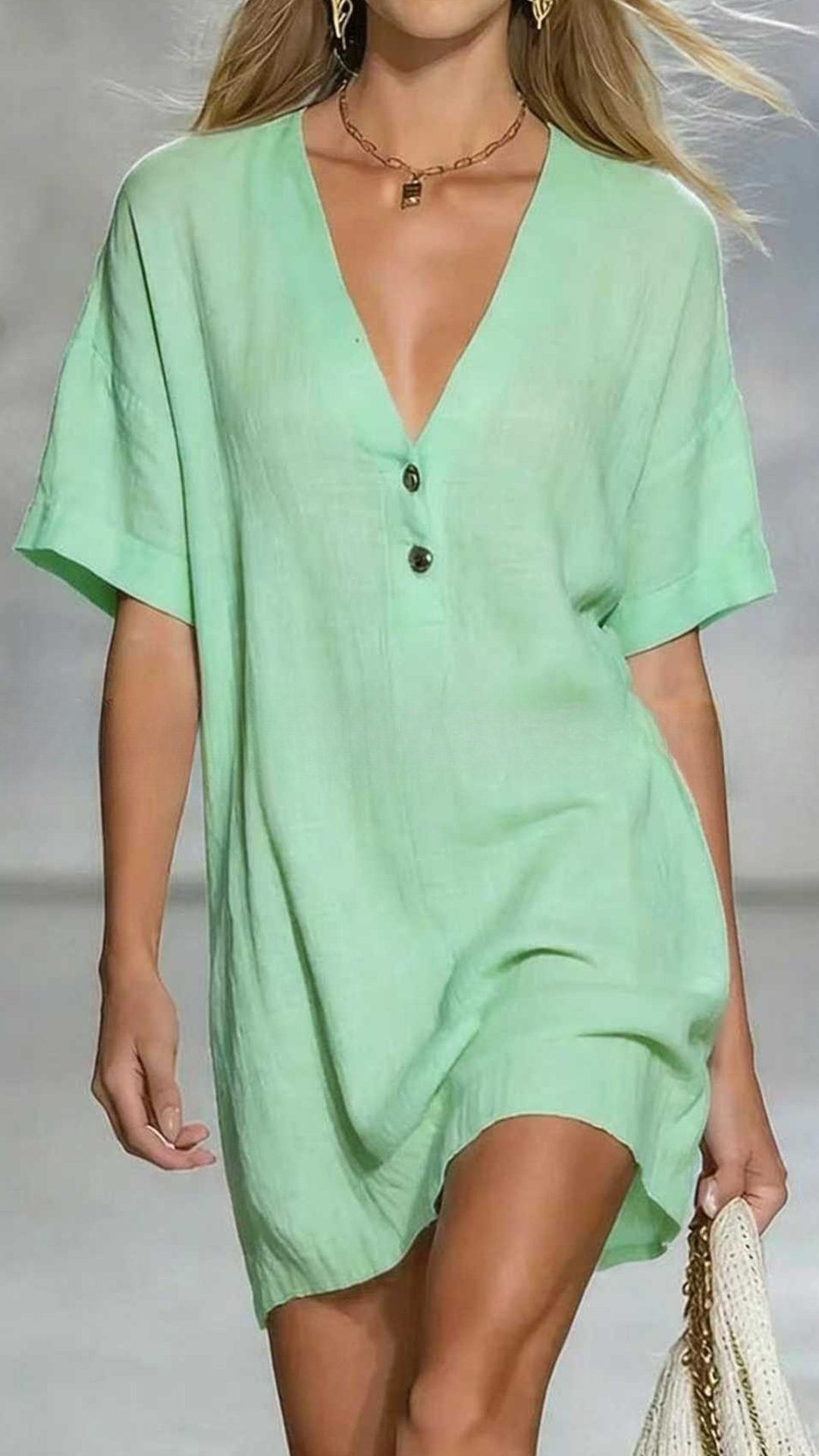 Women's Linen-Cotton V-Neck Loose Shift Dress