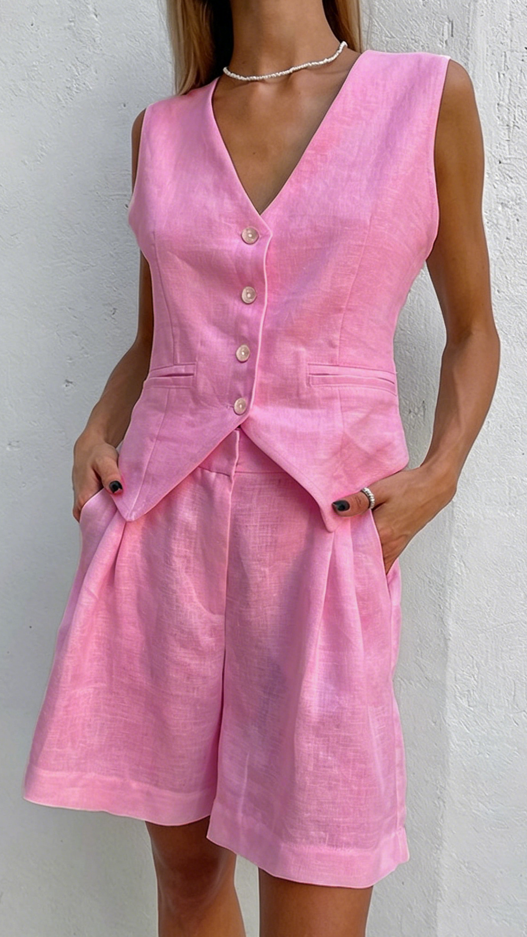 Women's Cotton-Linen Blend V-Neck Waistcoat & High-Waisted Shorts Set