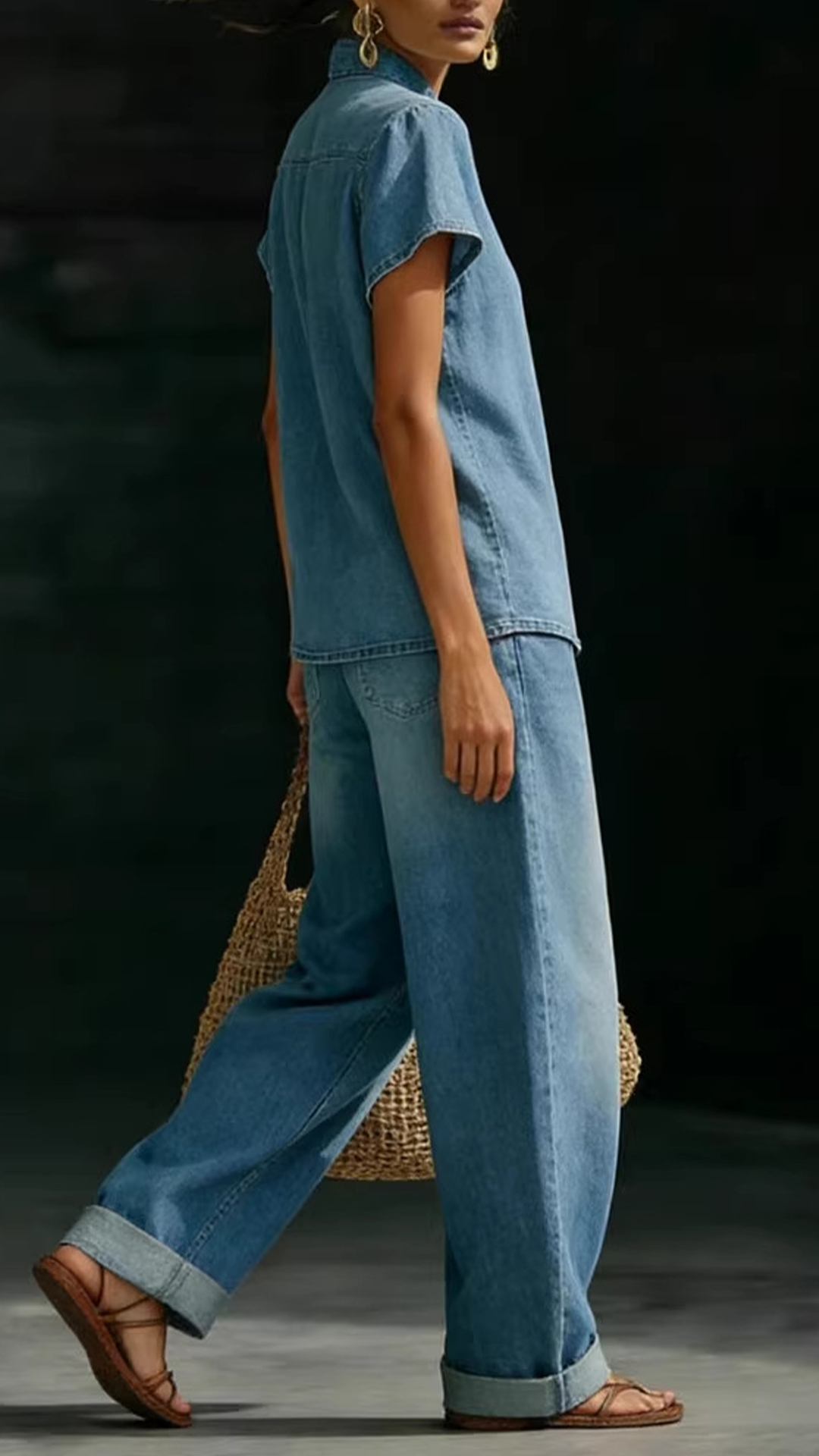 [Copy]Women's Cotton-Blend Textured V-Neck Top & Wide-Leg Pants Set