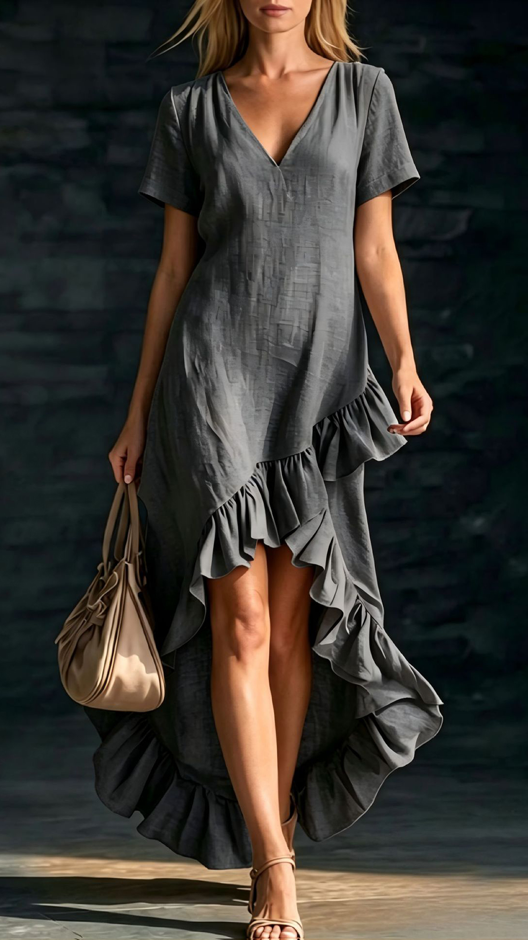 Women's Cotton-Blend Ruffled V-Neck Dress