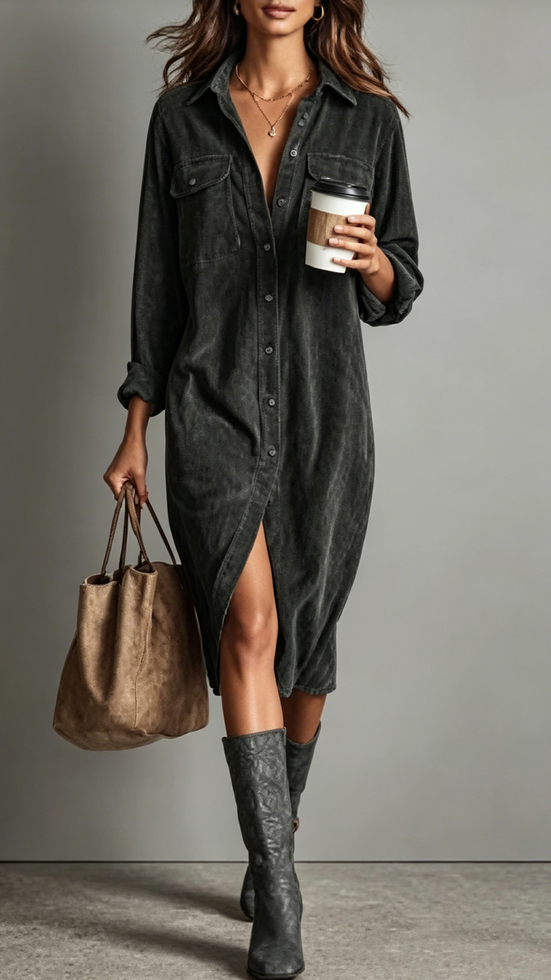 Women's Solid color corduroy long sleeved lapel shirt loose long skirt