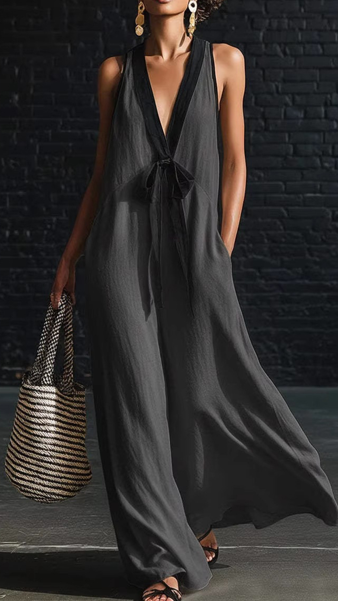 Women's Cotton-Blend Color-Blocked V-Neck Tie Sleeveless Maxi Dress