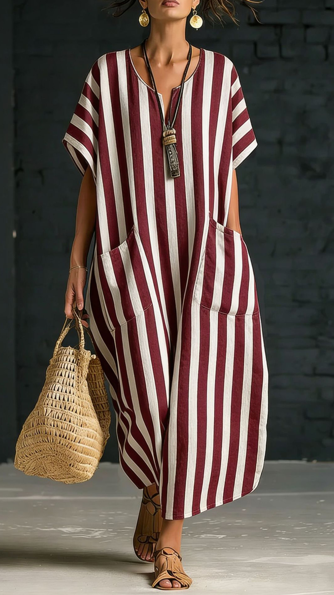 Women's Cotton-Blend Blue and White Vertical Striped Loose Dress