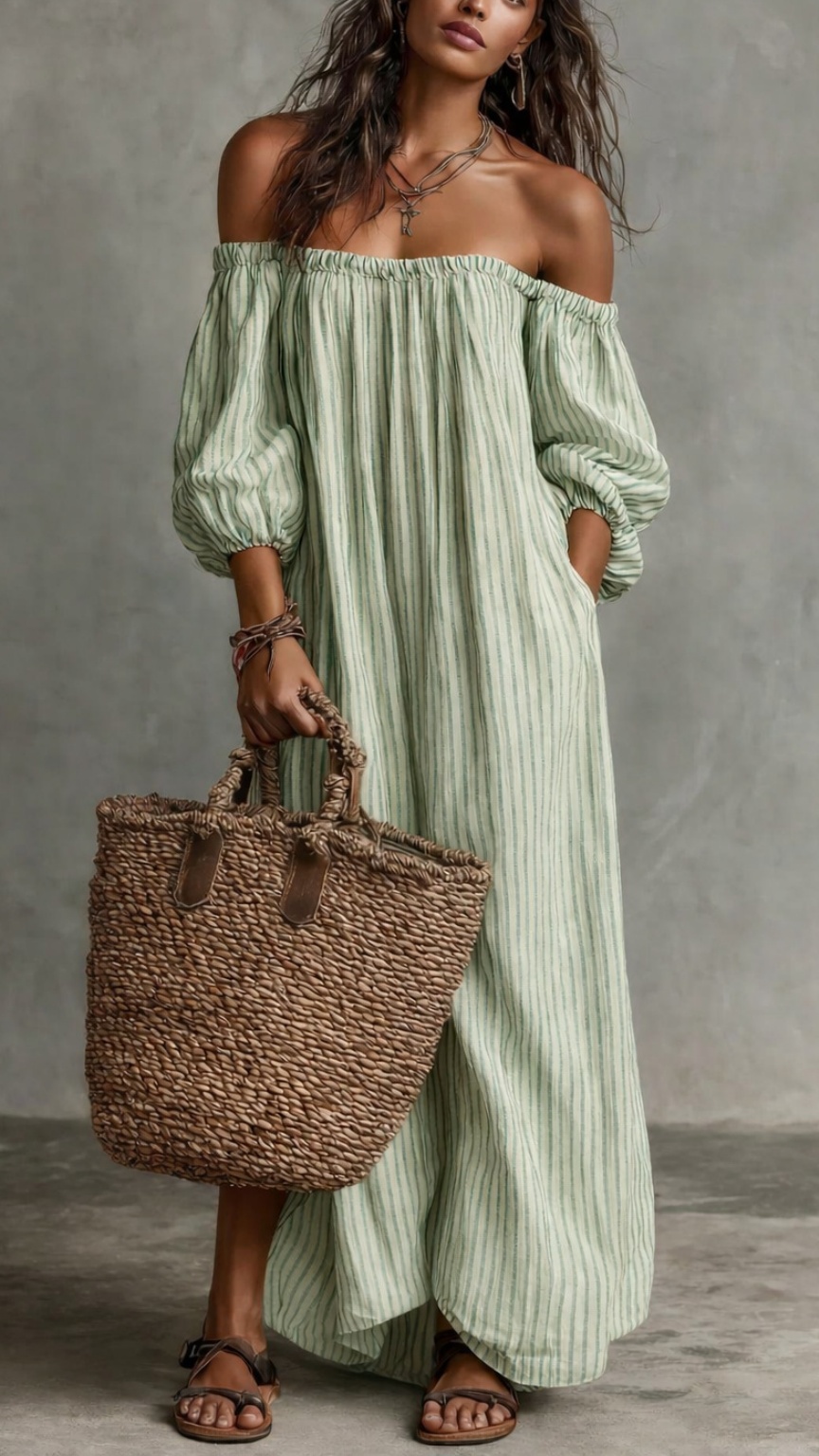 Women's Striped Off-Shoulder Cotton-Linen Vacation-Style Dress