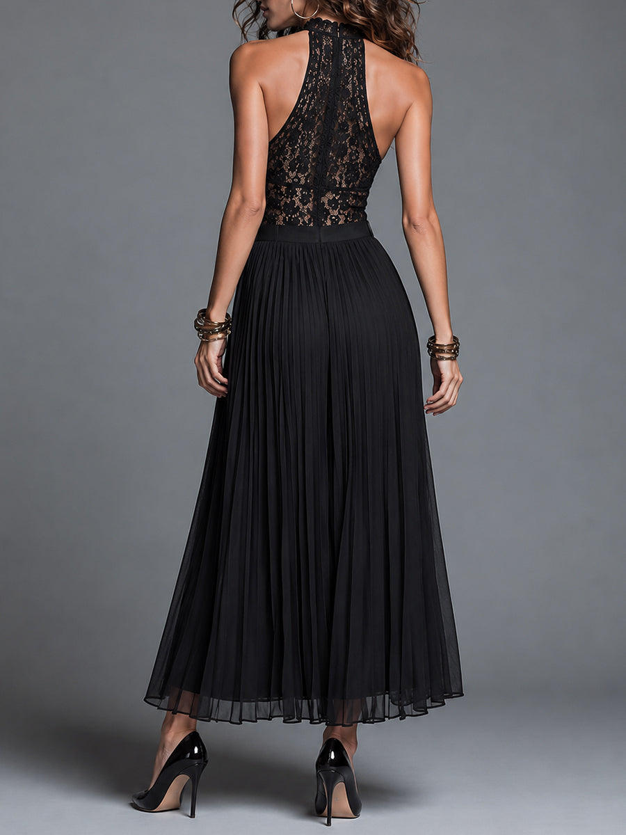 Vintage-Style Pleated Chiffon Dress With A Stand Collar And Cut-Out Lace Detailing