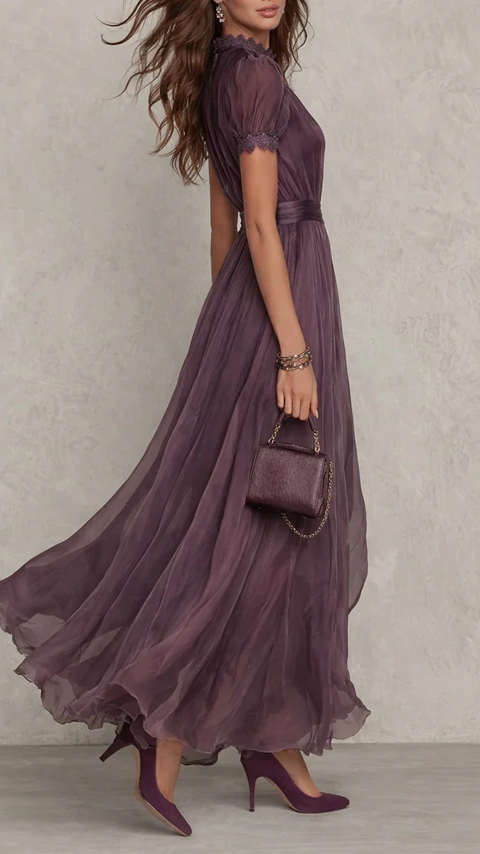 Women's High-Neck, Lace-Paneled, Flowy Chiffon Dress