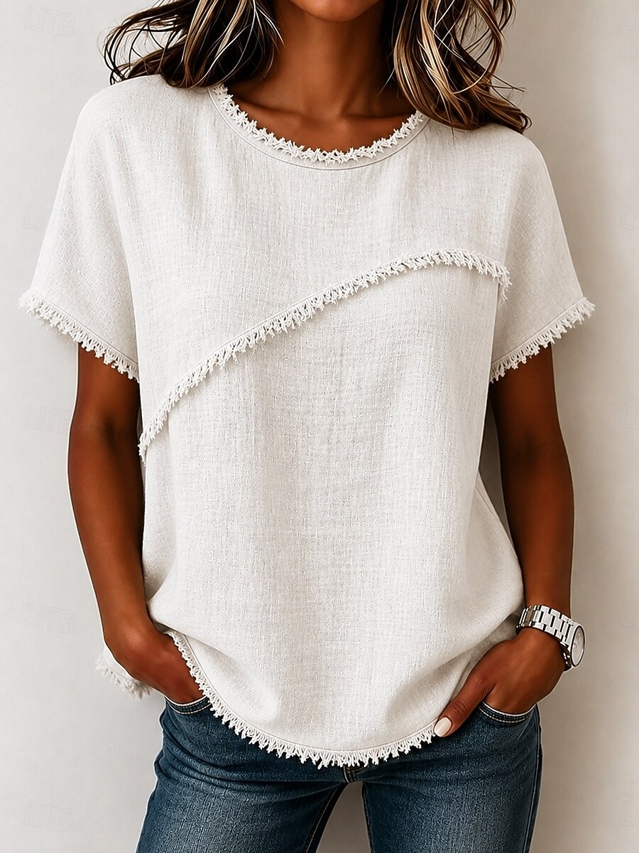 Women's Fringe Trim Textured Crew Neck Loose Fit Short Sleeve Top