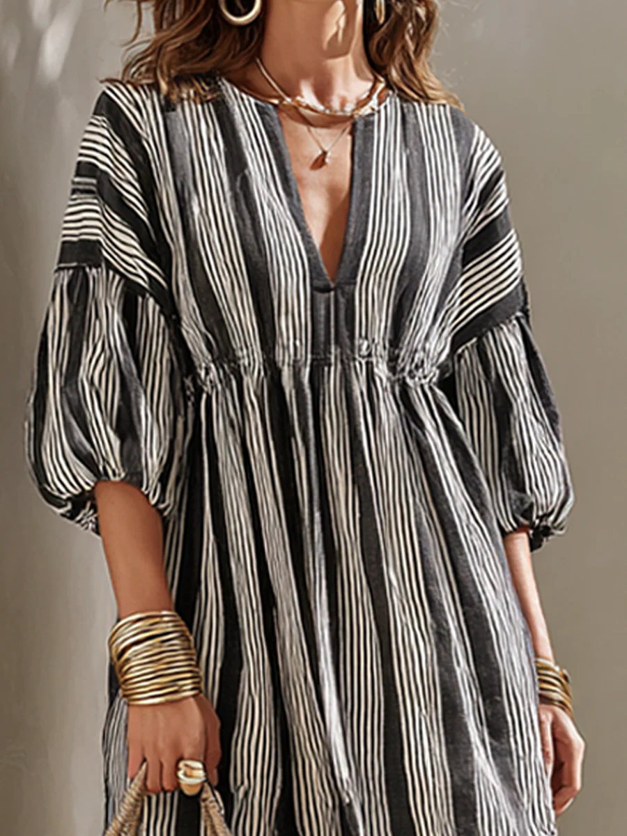 Black And White Striped Linen-Blend V-Neck Puff-Sleeve Maxi Dress