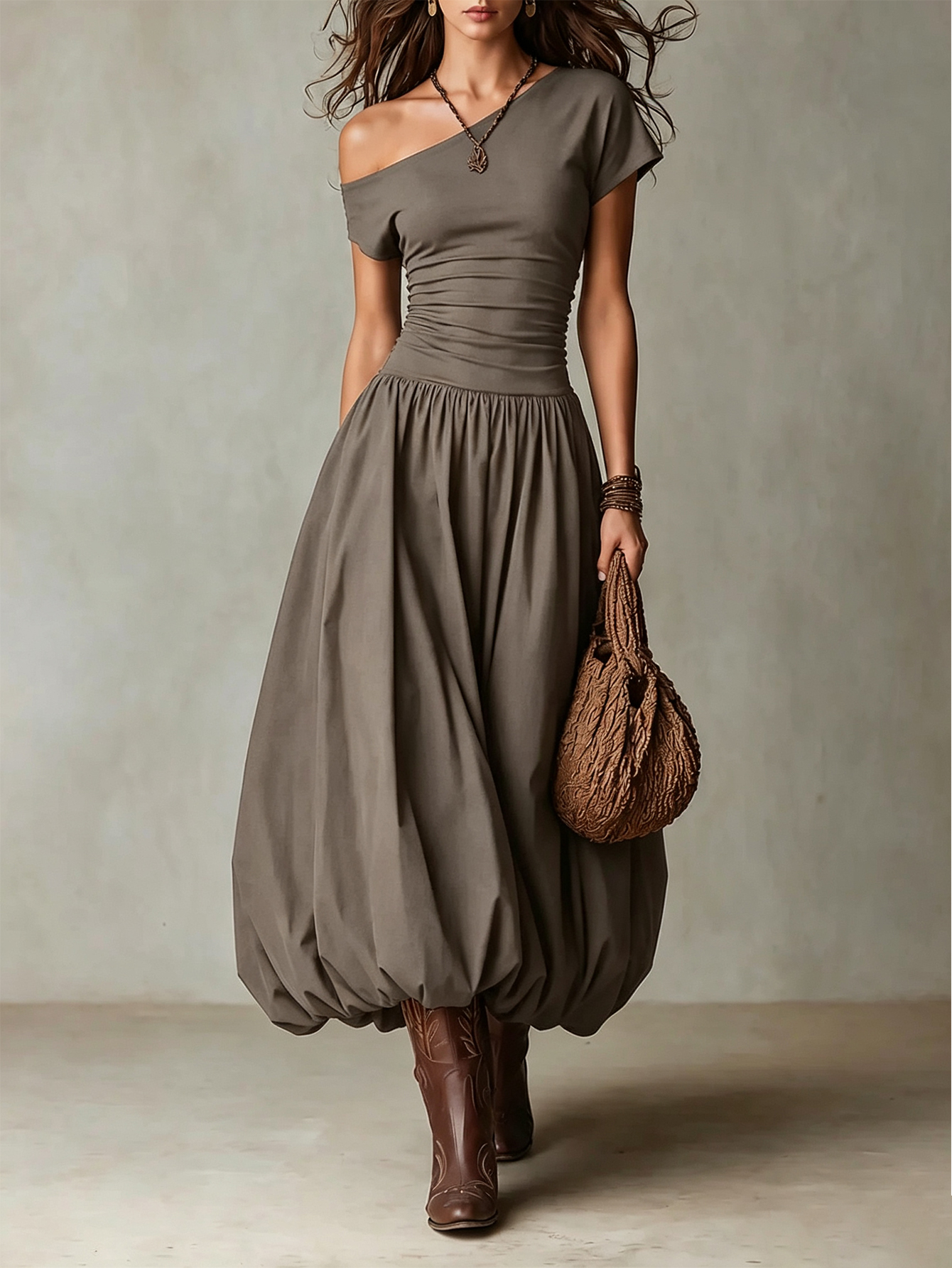 Vintage-style One-shoulder Balloon Hem Maxi Dress