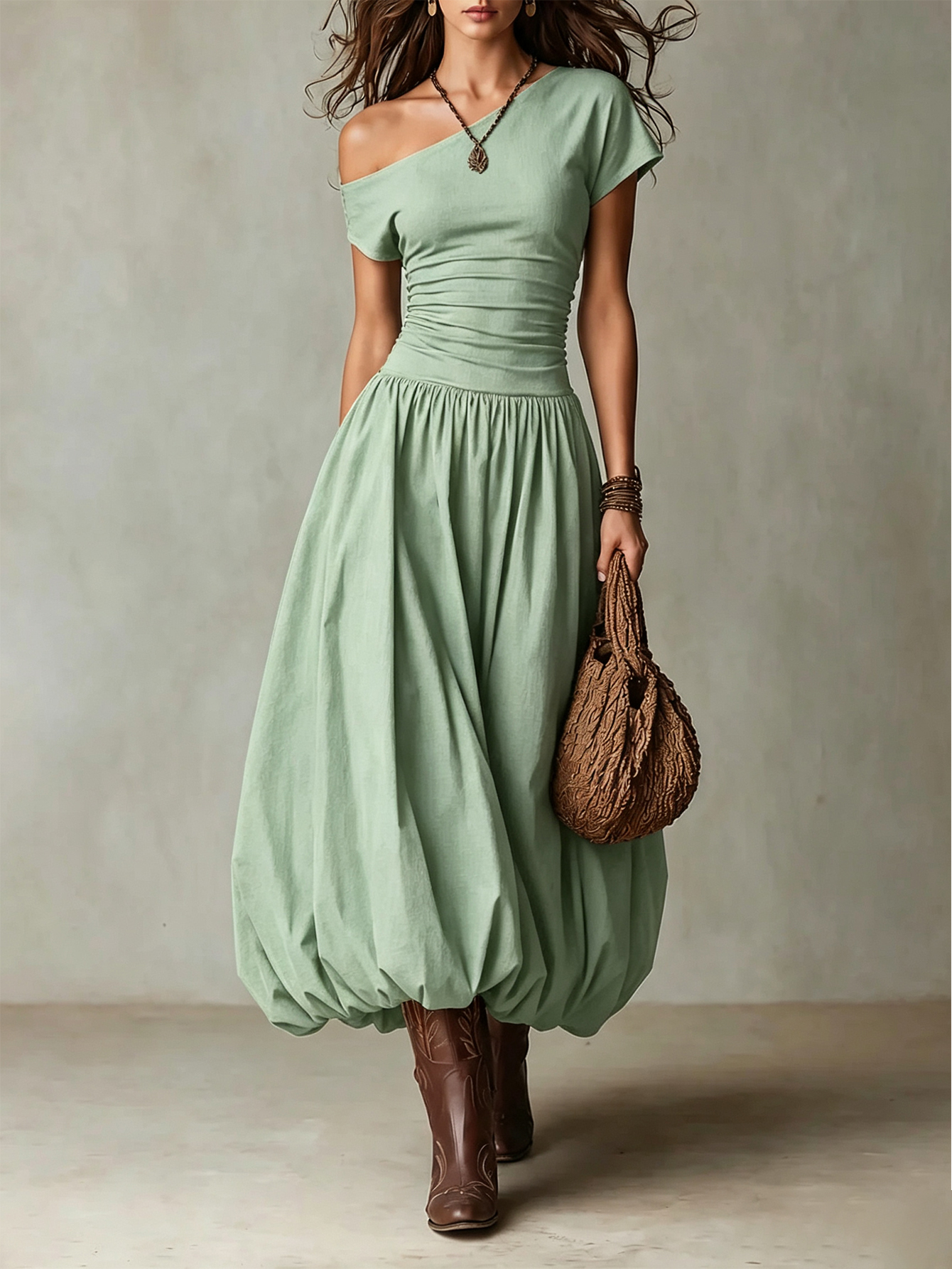 Vintage-style One-shoulder Balloon Hem Maxi Dress