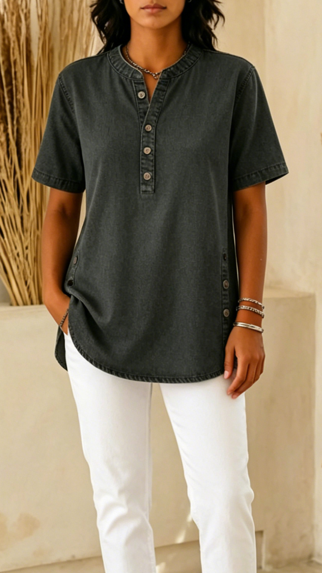 Women's Denim-Effect Cotton-Blend Henley Shirt