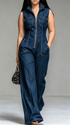 Women's Faux-Denim Retro Stand-Collar Sleeveless Zip-Front Jumpsuit
