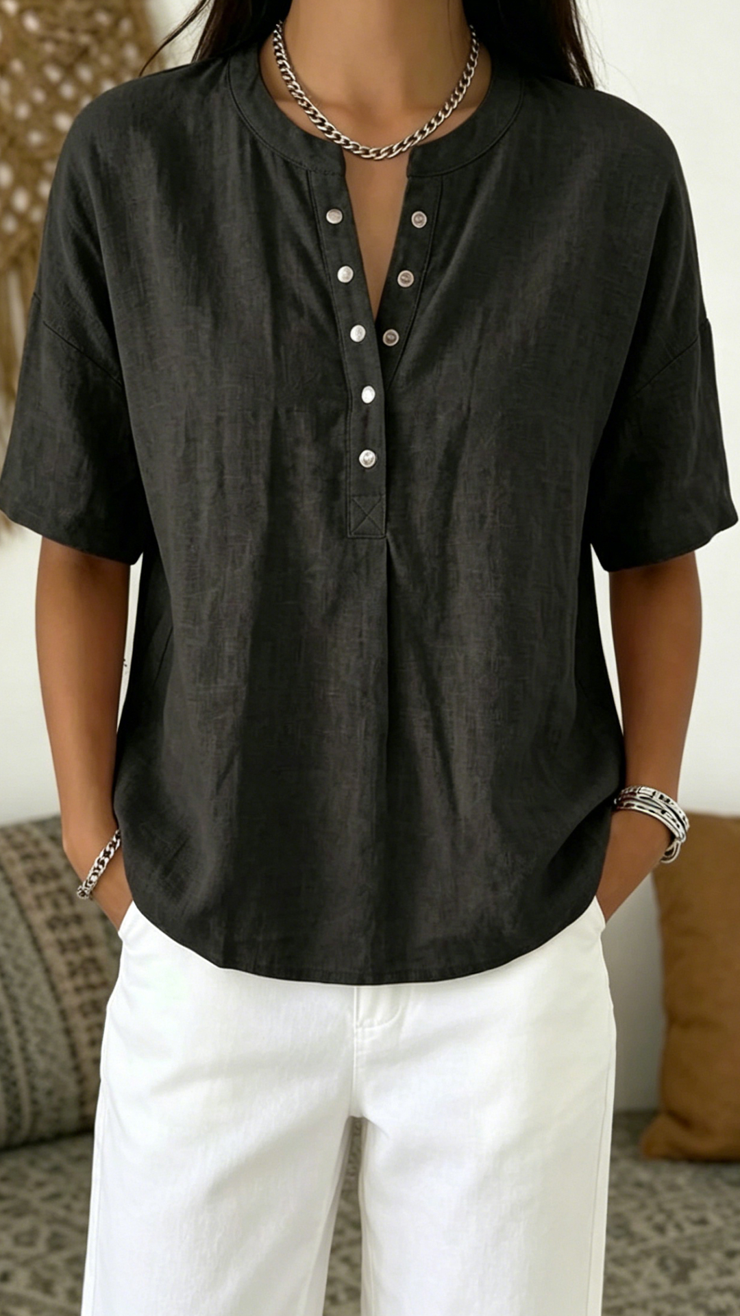 Women's  Henley Neck Cotton-Blend Short-Sleeve Top