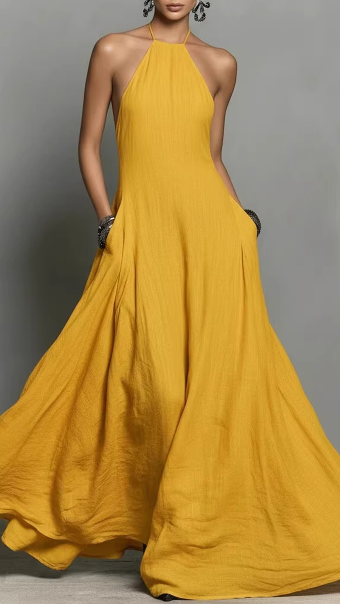 Women's Cotton-Blend Halter Neck Maxi Dress
