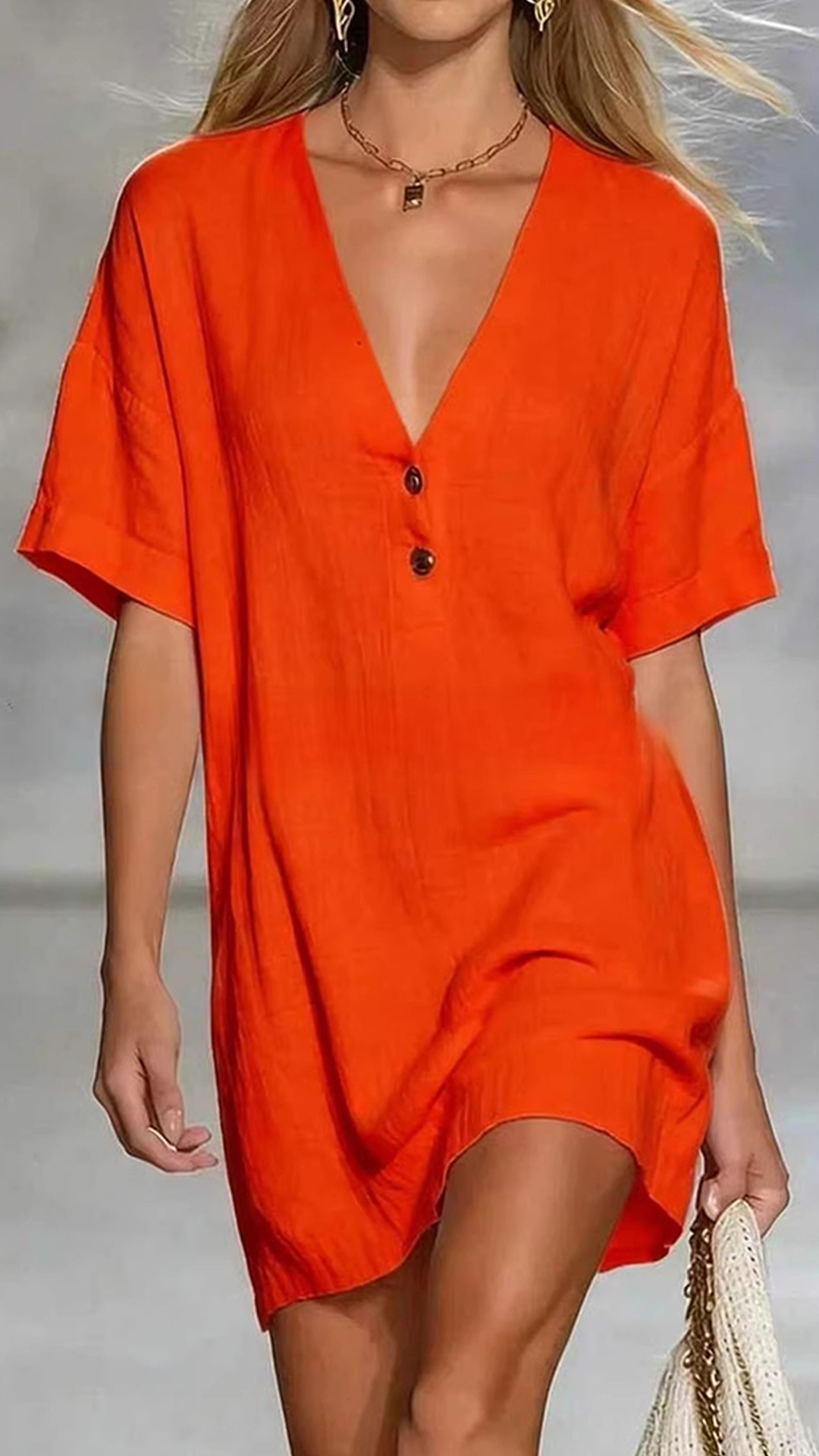 Women's Linen-Cotton V-Neck Loose Shift Dress