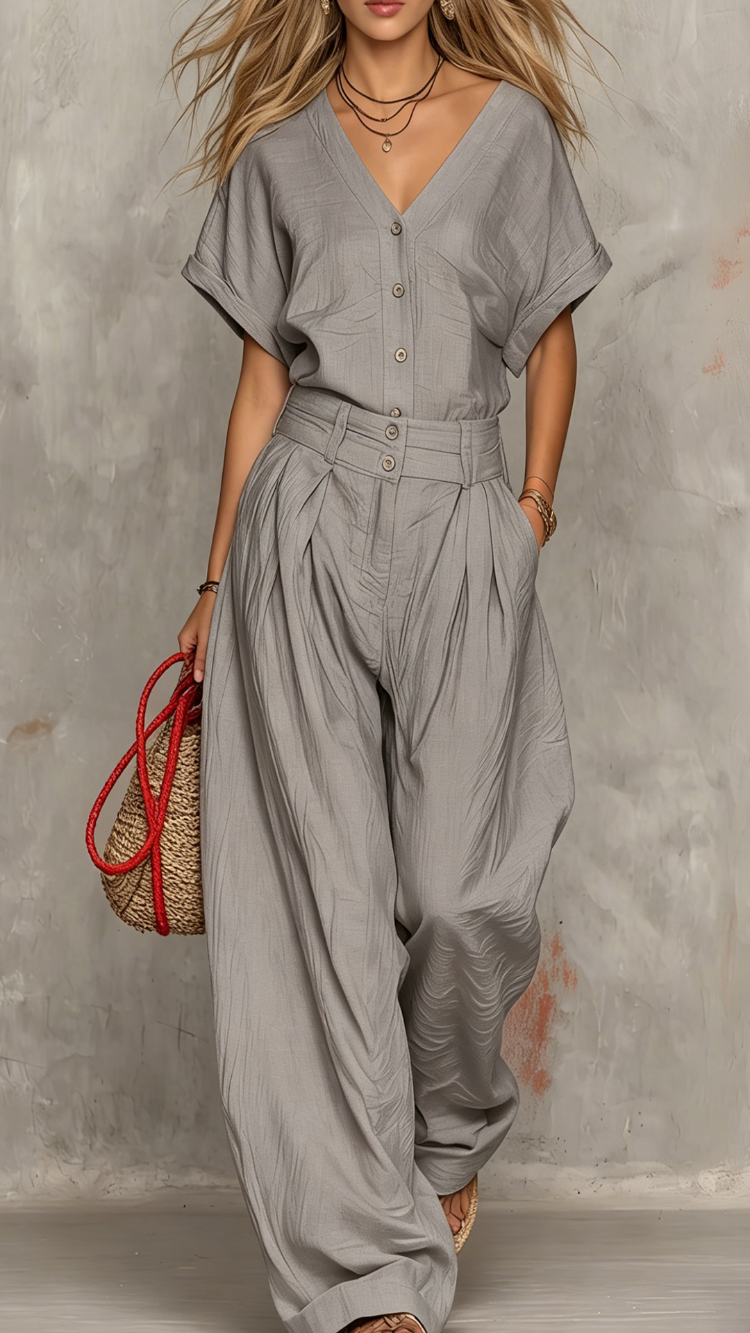 Women's Cotton-Blend Textured V-Neck Top & Wide-Leg Pants Set