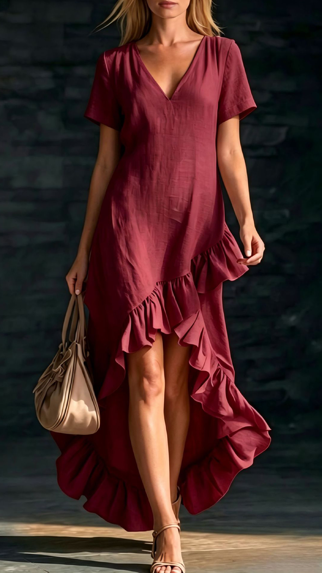 Women's Cotton-Blend Ruffled V-Neck Dress