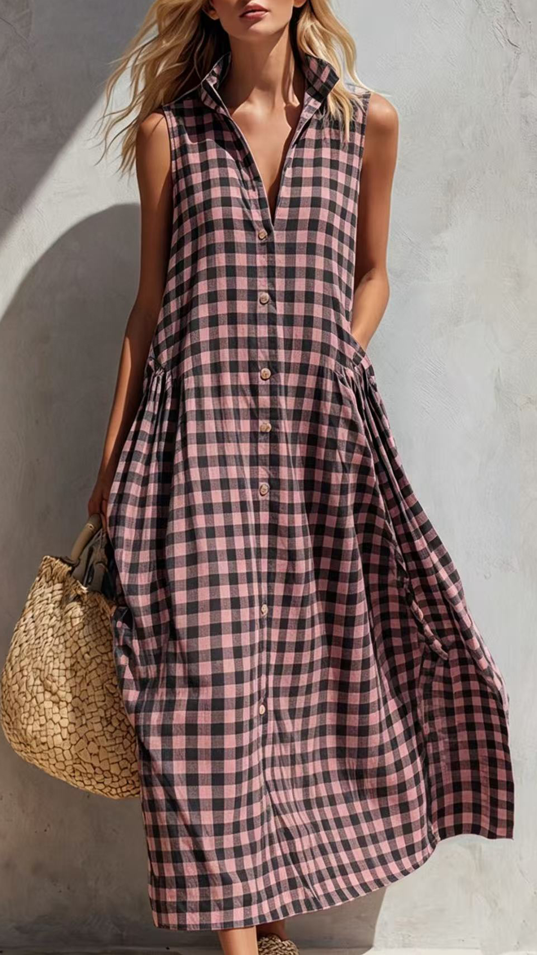 Women's Cotton-Blend Blue and White Gingham Sleeveless Shirt Maxi Dress