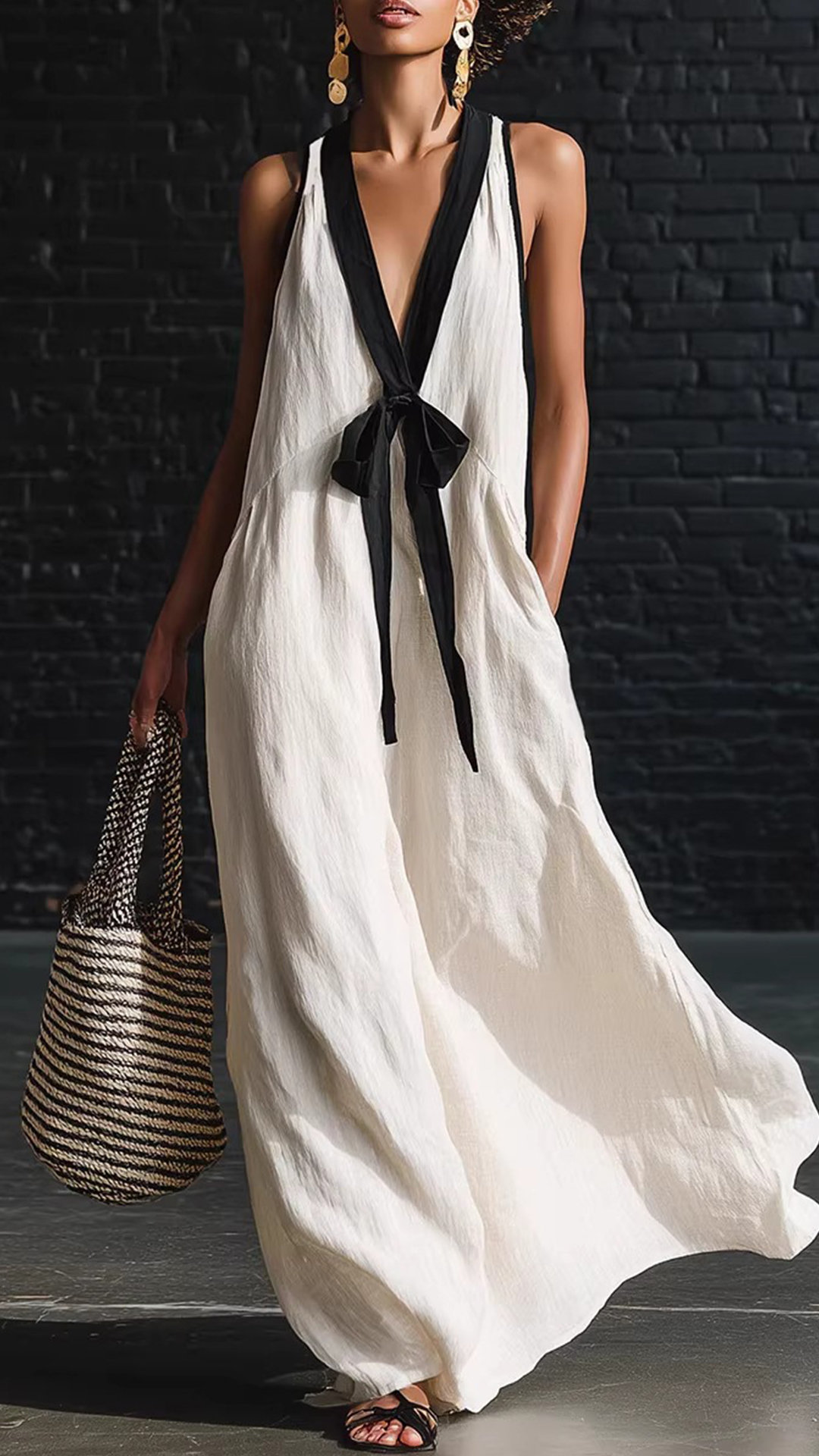Women's Cotton-Blend Color-Blocked V-Neck Tie Sleeveless Maxi Dress