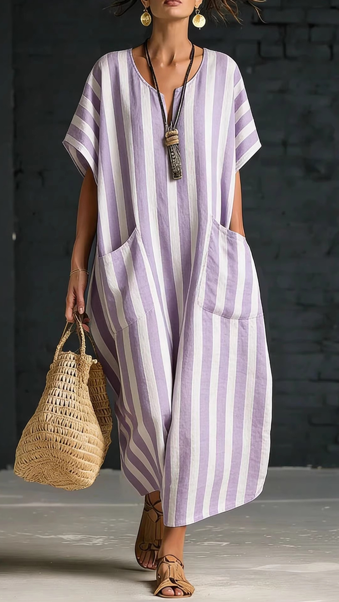 Women's Cotton-Blend Blue and White Vertical Striped Loose Dress