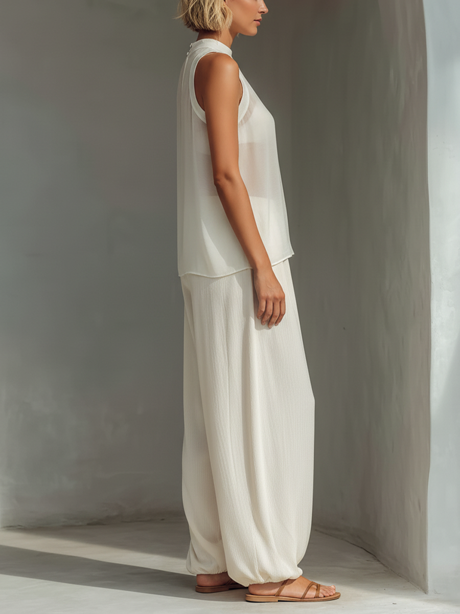 Women's Cream Two-Piece Set With Semi-sheer Chiffon Sleeveless Top & Cotton And Linen Blend Drawstring Wide-Leg Trousers 