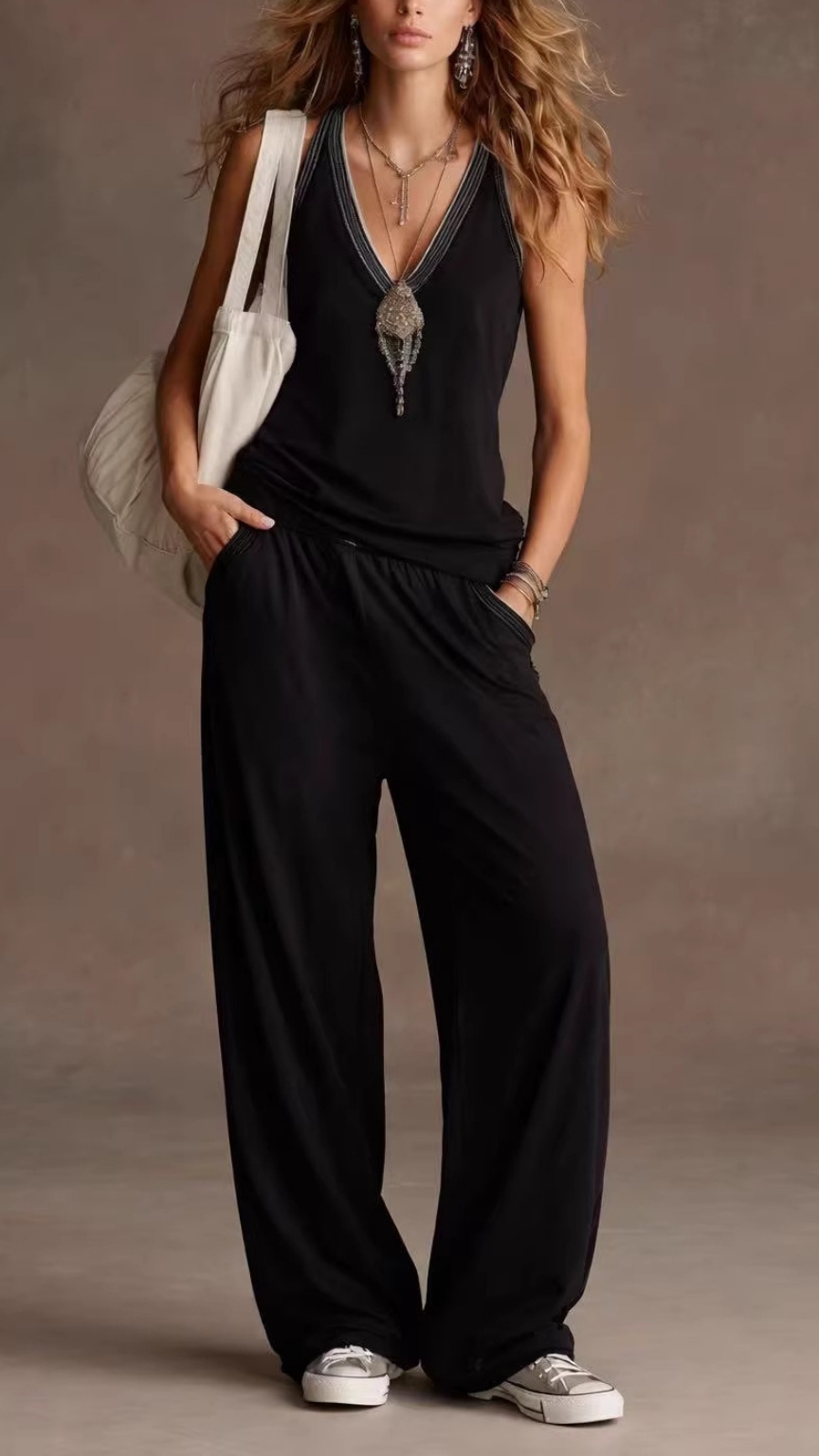 Women's V-Neck Sleeveless Wide-Leg Pants Two-Piece Set