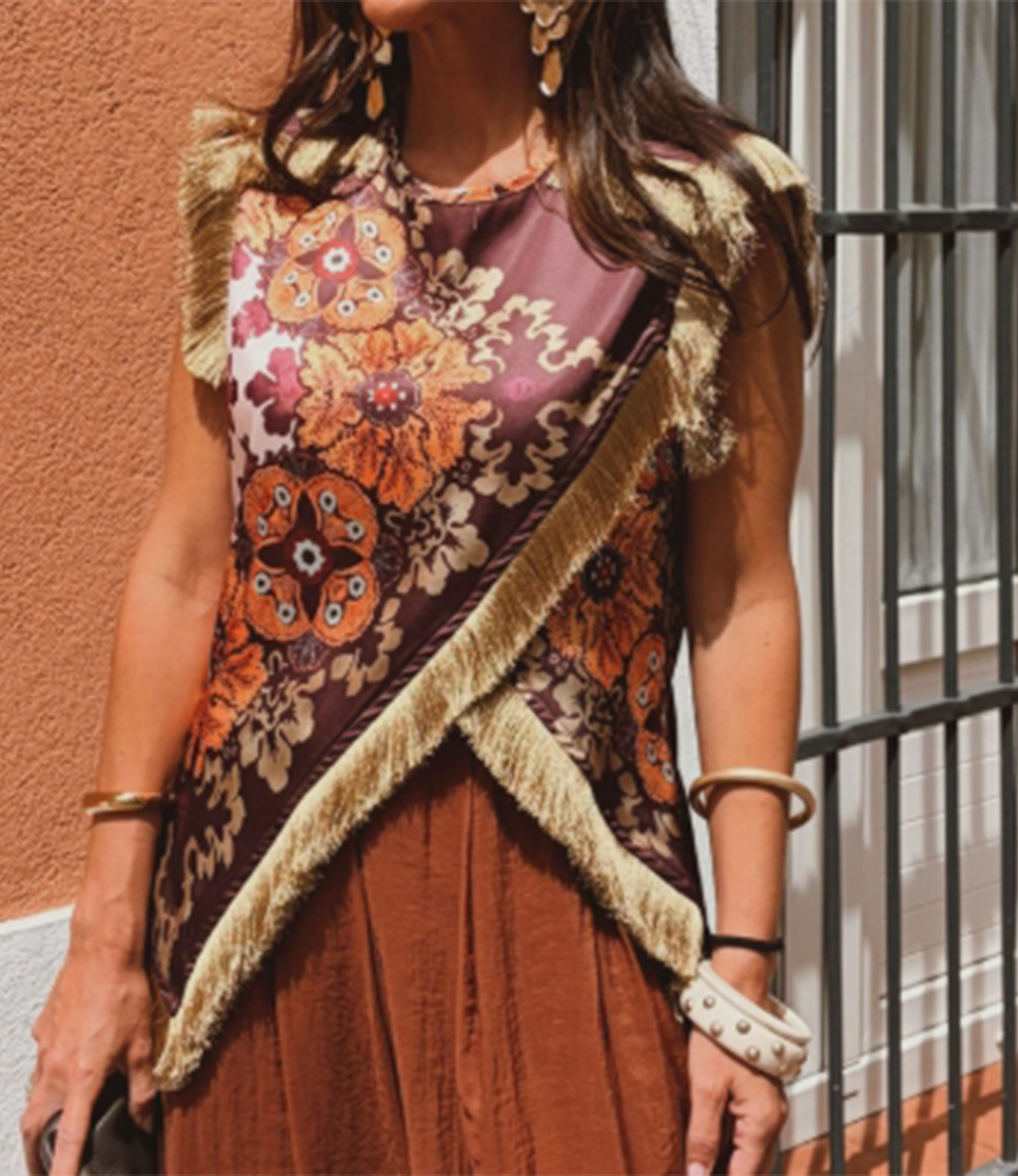 Women's  Cotton-Blend Ethnic Print Fringe Top
