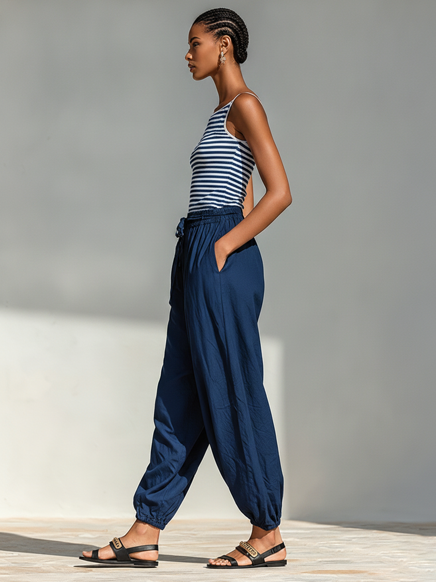  Striped Cotton-Blend Two-Piece Set With Square Neck Sling Top & Drawstring Harem Jogger Pants, 