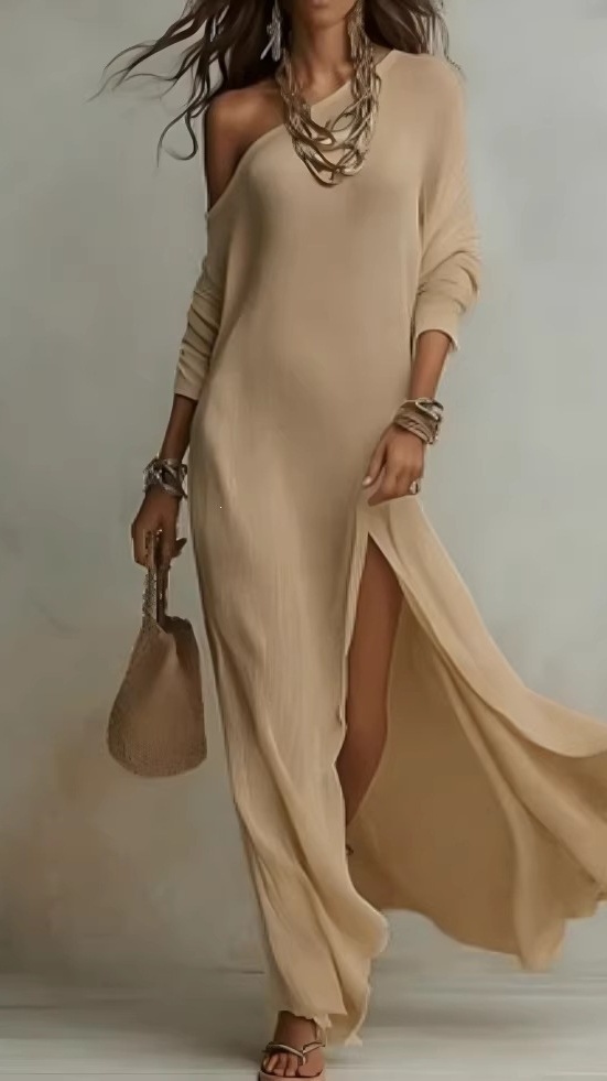 Women's Elegant Long-Sleeve Knitted Dress with Pleats and Slit