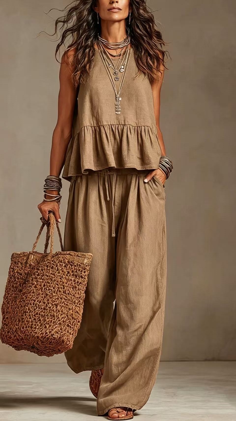 Women's Cotton-Linen Two-Piece Set: Ruffled Sleeveless Top & Wide-Leg Pants