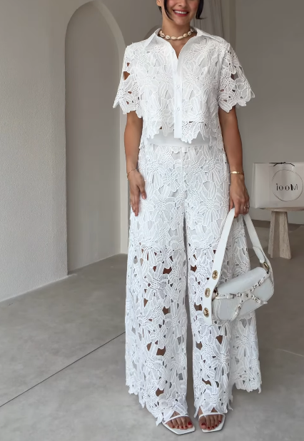 Hollow Lace Short Sleeve Shirt & Wide-Leg Pants Two-Piece Set