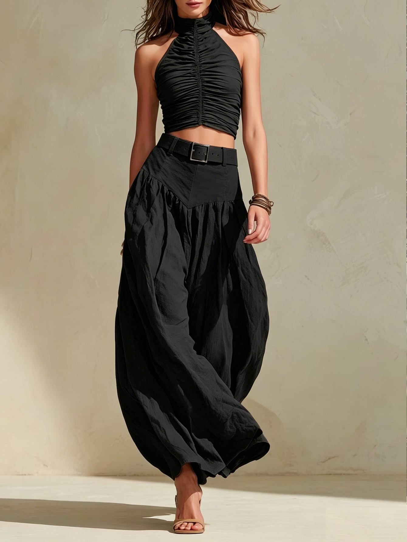 Boho Olive Green Ruched Top & High-Waisted Wide Leg Pants Two-Piece Set  [Belt not included]