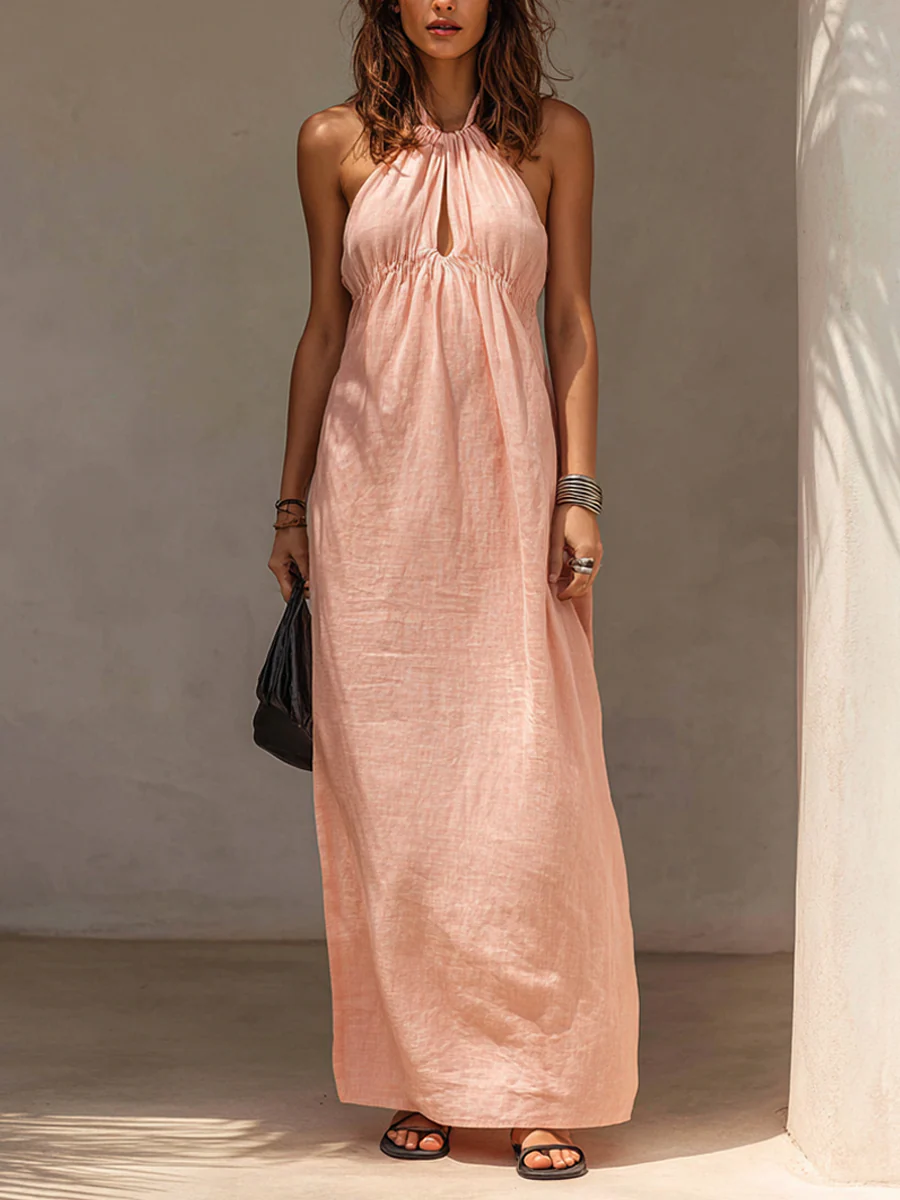 Women's Light Pink Linen-Blend Halter Maxi Dress
