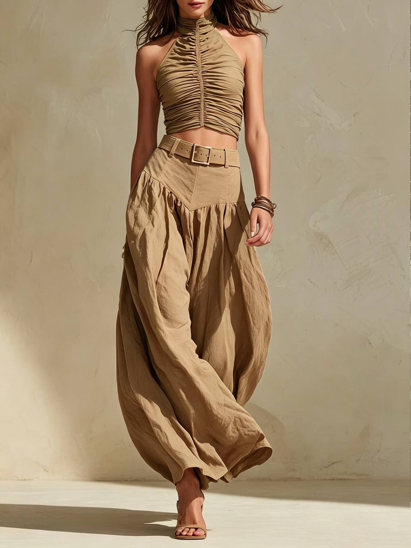 Boho Olive Green Ruched Top & High-Waisted Wide Leg Pants Two-Piece Set  [Belt not included]