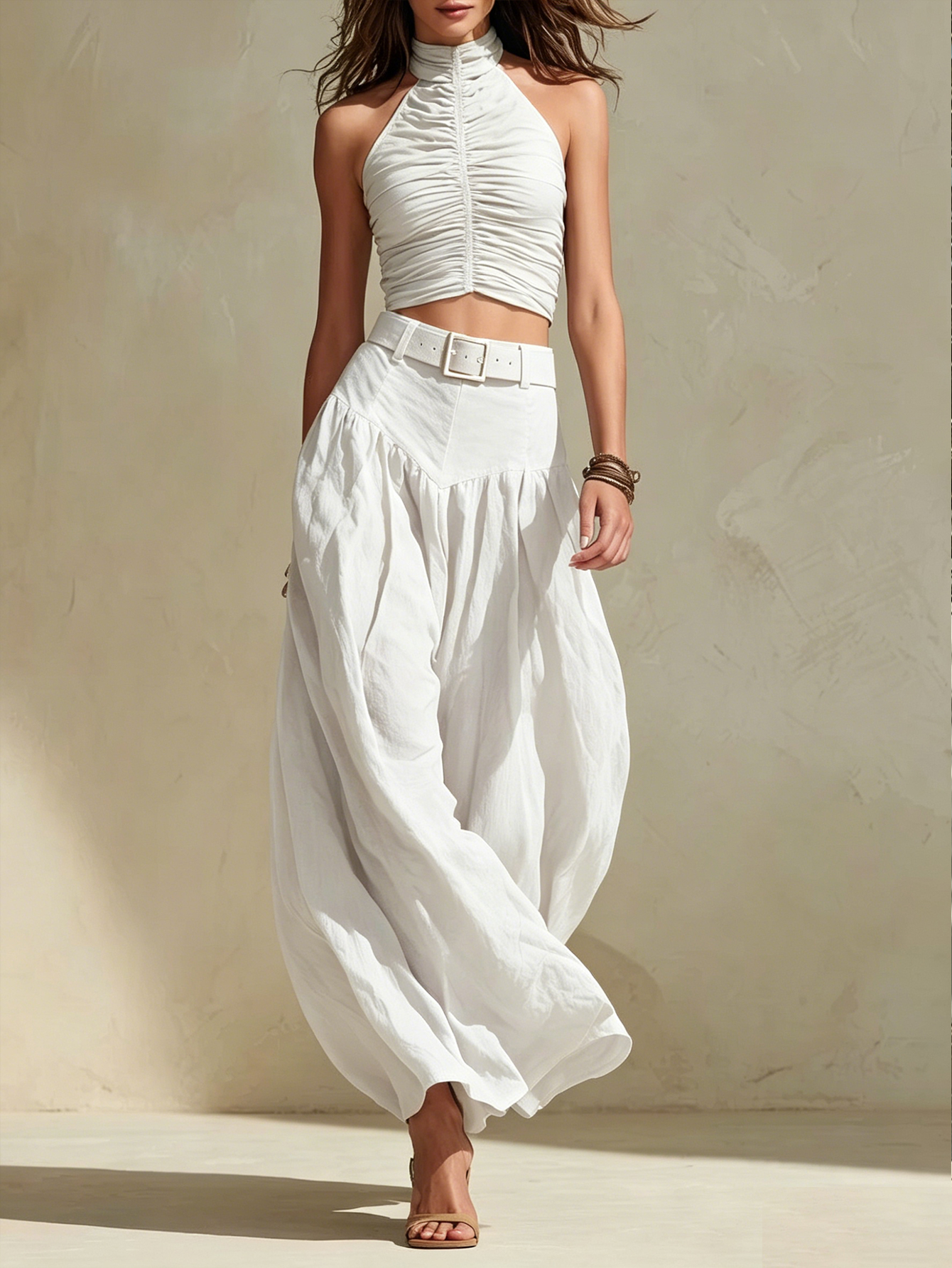 Boho Olive Green Ruched Top & High-Waisted Wide Leg Pants Two-Piece Set  [Belt not included]
