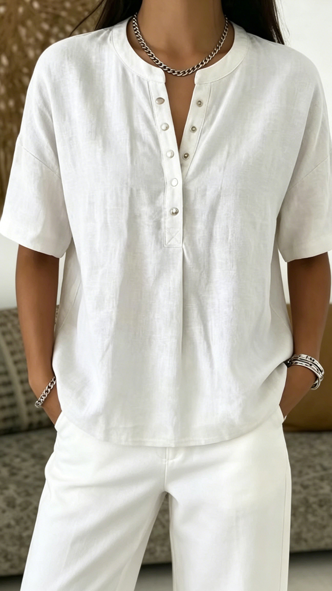 Women's  Henley Neck Cotton-Blend Short-Sleeve Top