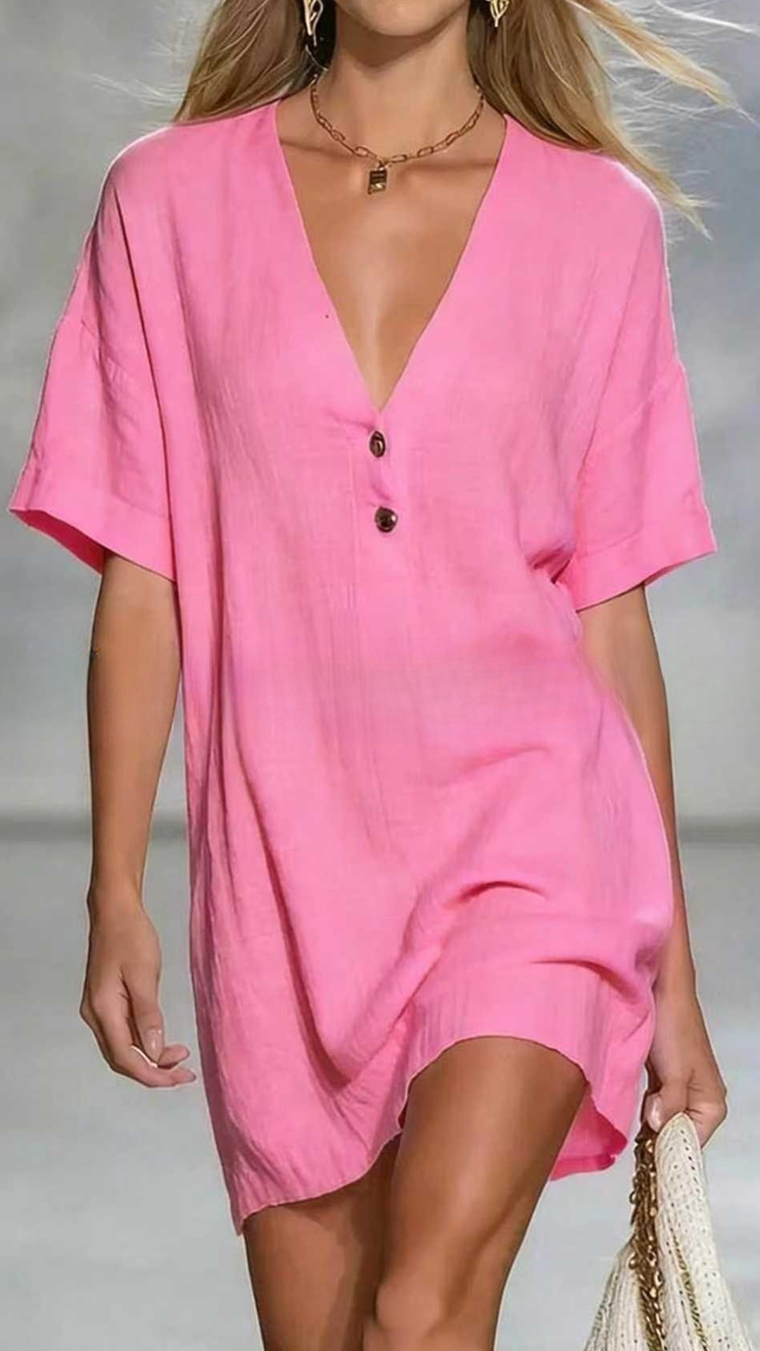 Women's Linen-Cotton V-Neck Loose Shift Dress