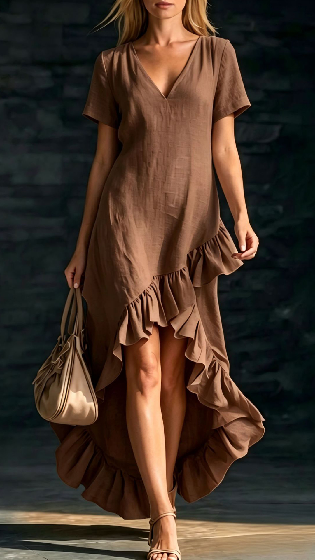 Women's Cotton-Blend Ruffled V-Neck Dress