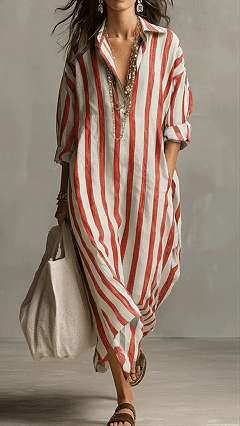 A fashionable loose V-neck long striped nine-quarter sleeve shirt dress for women