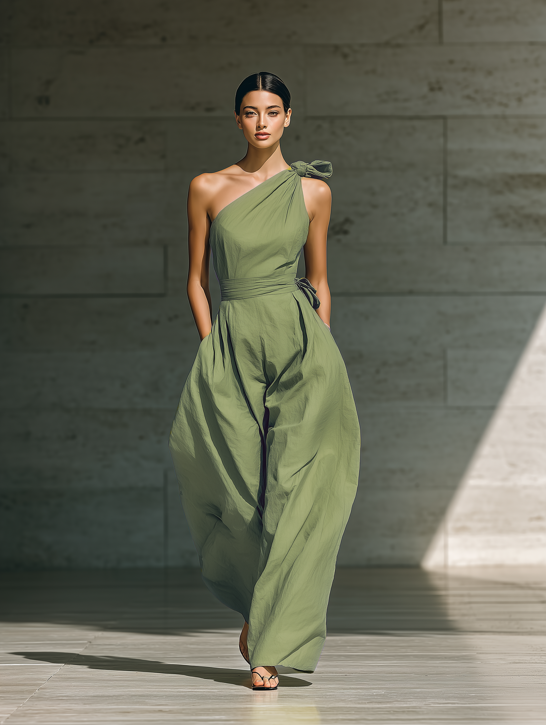 Women's Light Green Cotton And Linen Blend One-Shoulder Wide-Leg Jumpsuit With Tie Waist 