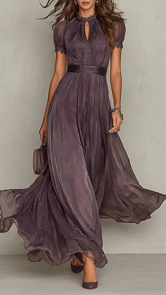 Women's High-Neck, Lace-Paneled, Flowy Chiffon Dress