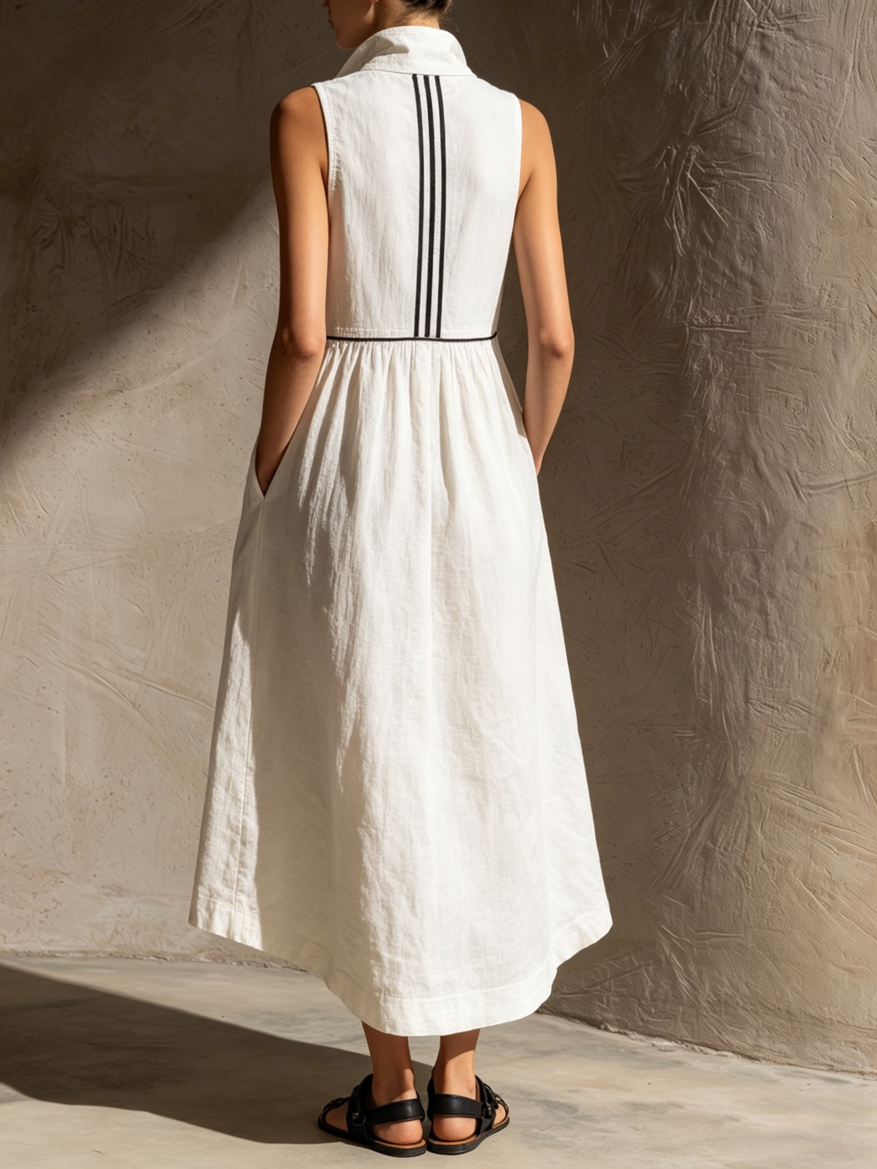 Stand-collar, Deep V-neck, Sleeveless Cotton-linen A-line Maxi Dress