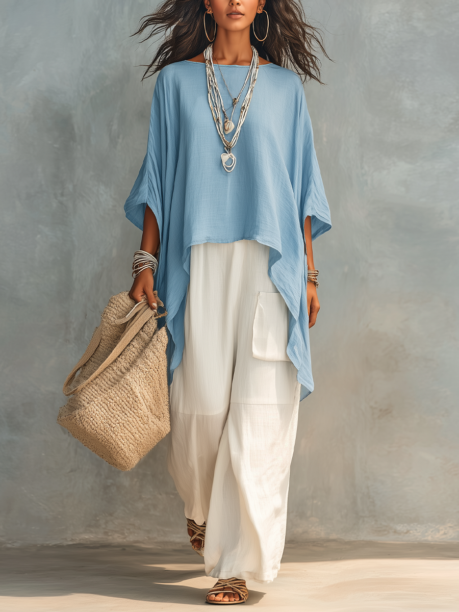 Batwing Irregular Hem Top Cargo Wide Leg Two Piece Matching Set