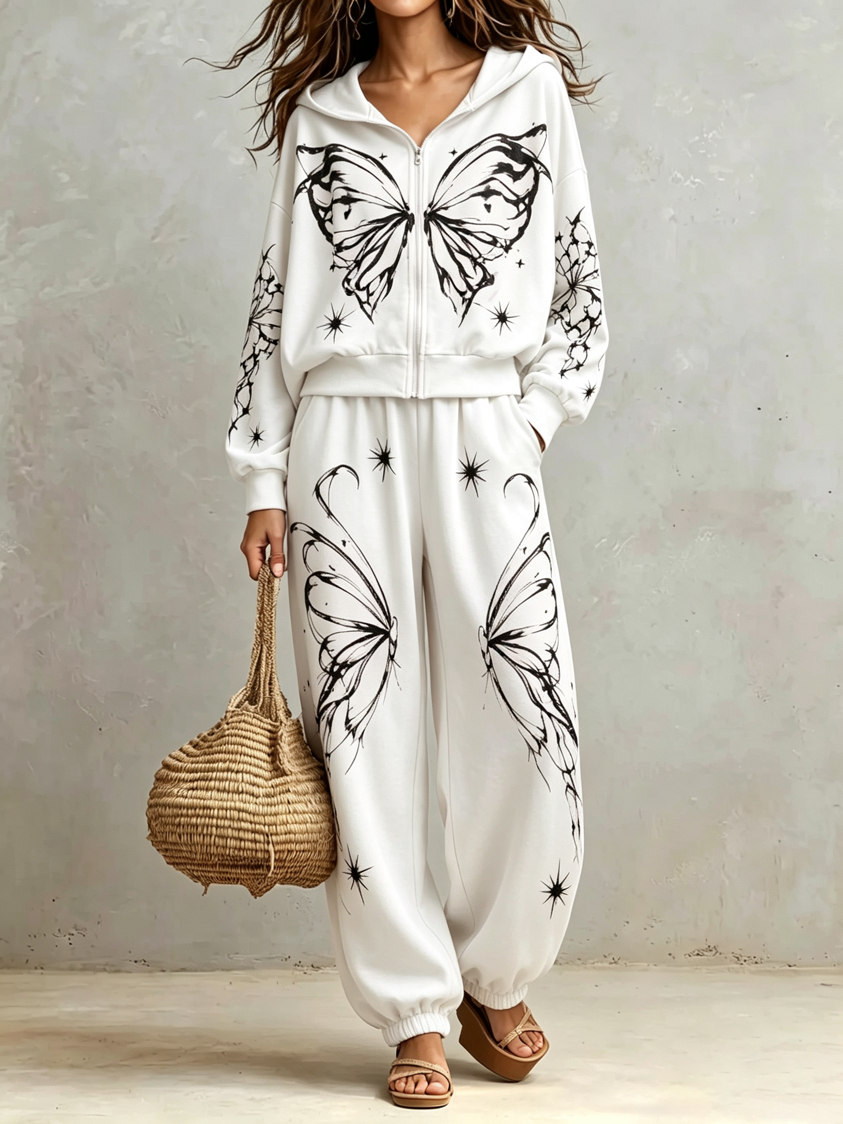 2‑Piece Graphic Co‑Ord Set | Zip‑Up Hooded Jacket & Jogger Pants Butterfly Star Print Casual Loungewear Outfit