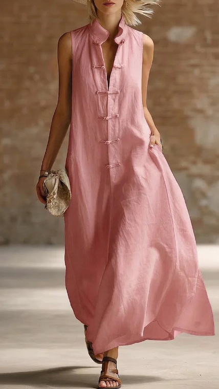 Women's Loose-Fit Stand-Collar Linen-Cotton Dress