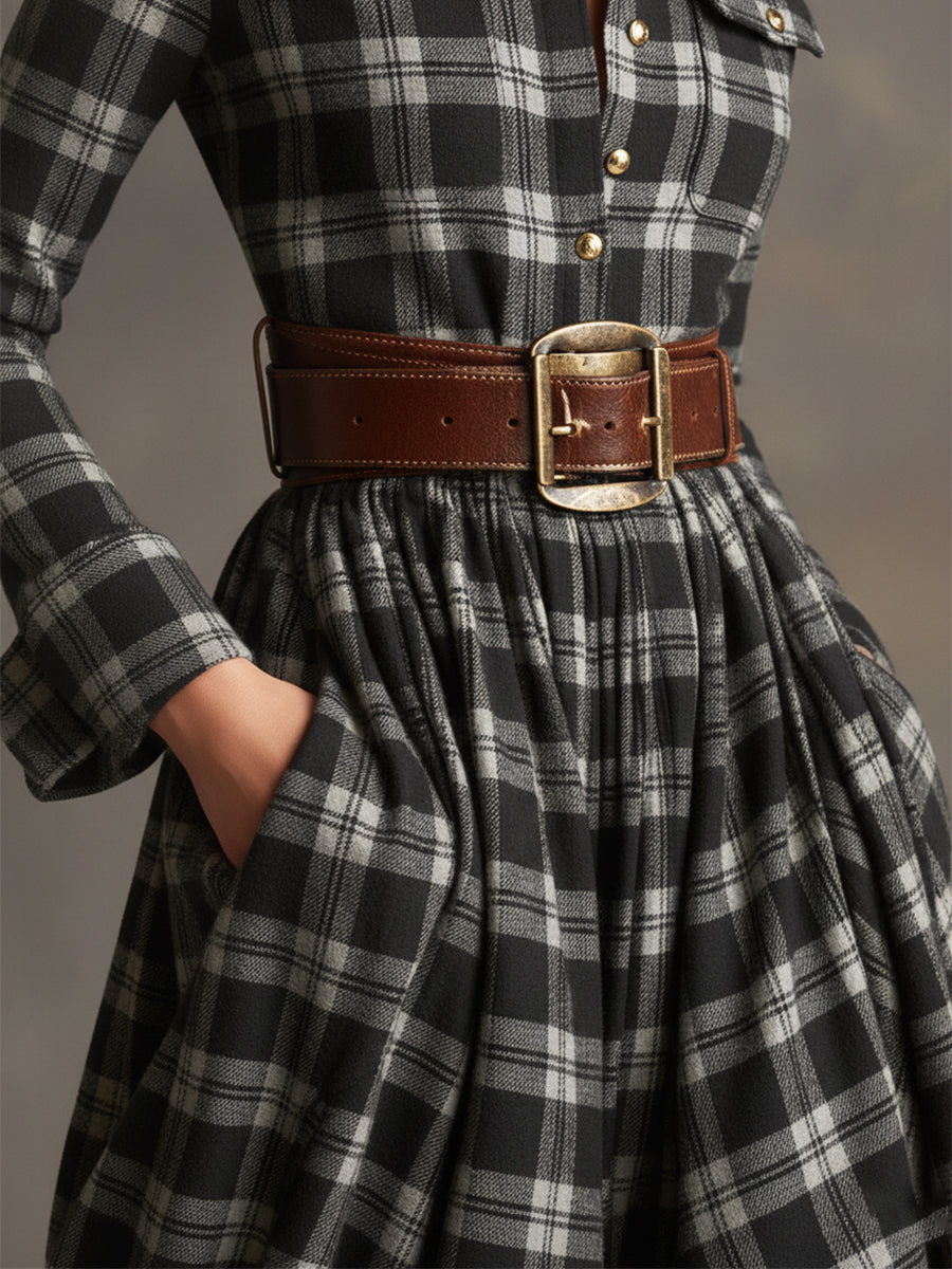 Retro Ethnic Style Lapel Reddish Brown Plaid Maxi Dress