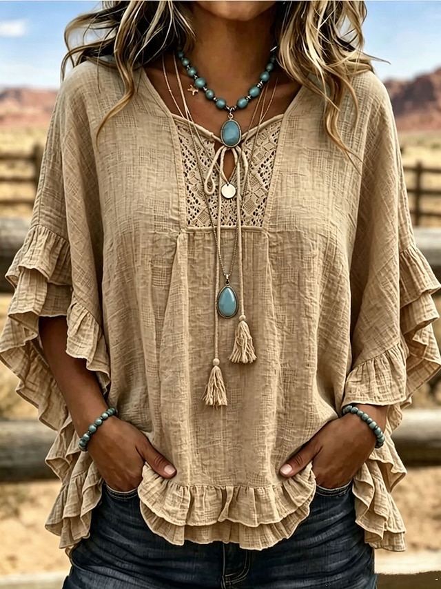 Women's Bohemian Ruffle Blouse Solid Color Vacation Half Sleeve V Neck Regular Tops