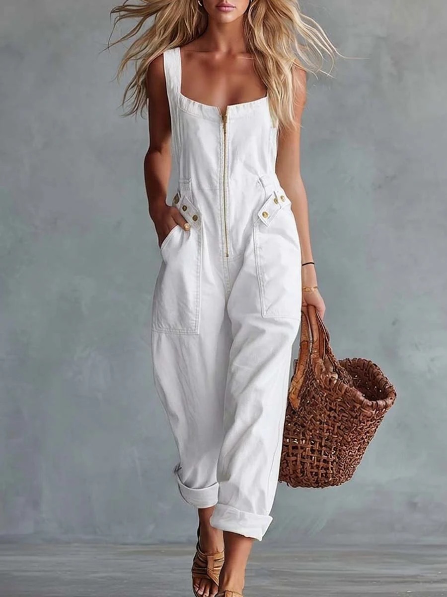 Casual Retro Square Neck Front Zipper Light Yellow Denim Jumpsuit