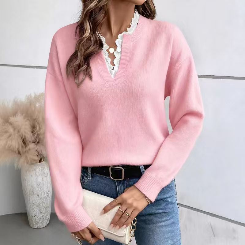 Pink Lace Trim V-Neck Knit Sweater, Casual Long Sleeve Pullover