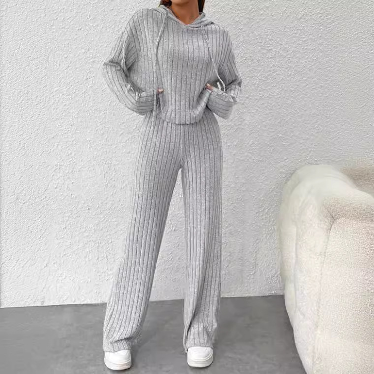 Women's Ribbed Knit Hoodie Set Casual Two Piece Lounge Outfit